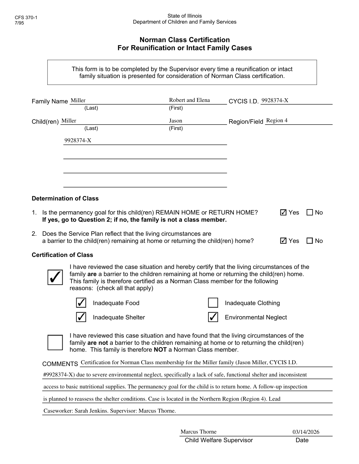 Filled Norman Class Member Certification Form illustrating automated data extraction from caseworker notes.