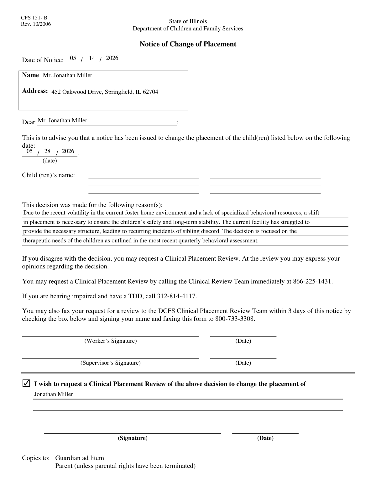 Completed Notice of Placement Change and Request for Clinical Placement Review form