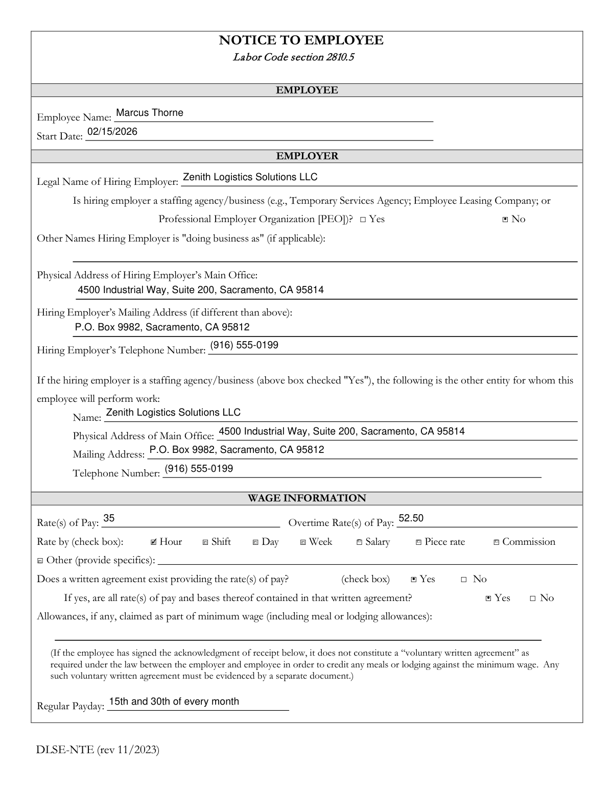 Filled California Notice to Employee form displaying extracted employment data