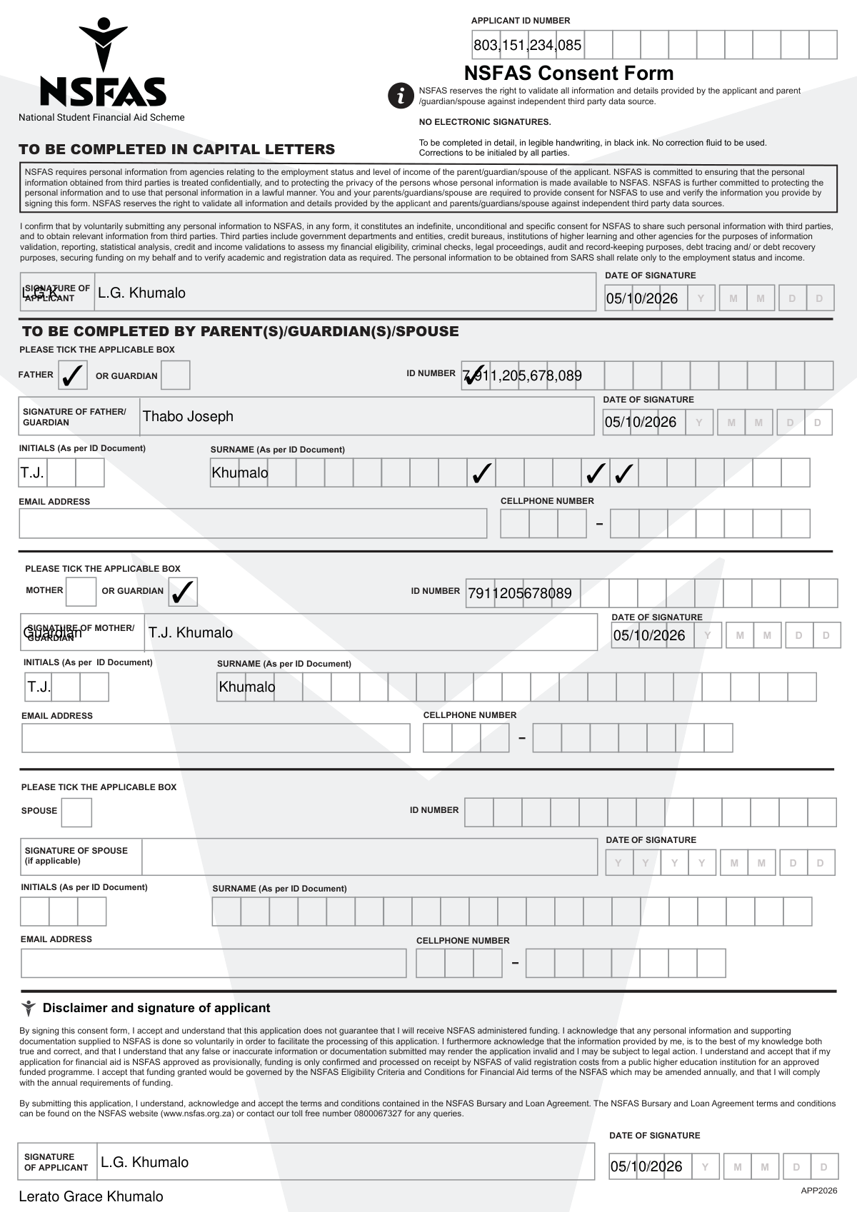 Sample of a filled NSFAS Consent Form (APP2026) for a student application