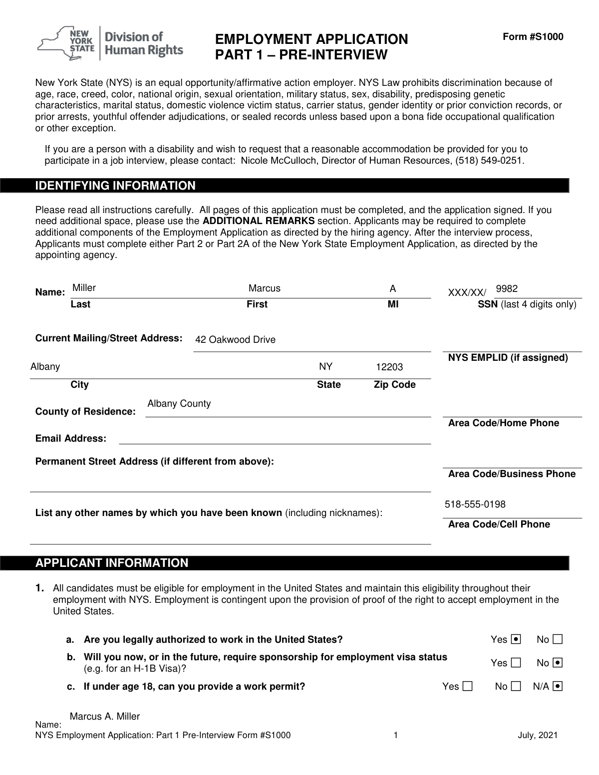 Completed NYS S1000 employment application form