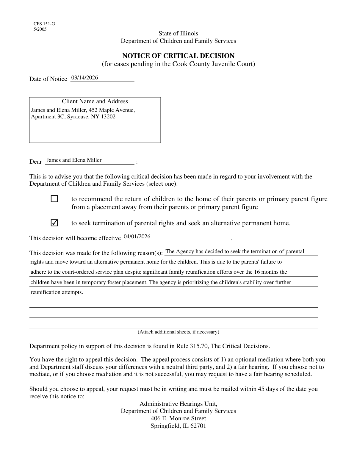 Filled OCFS-4001 form based on case review notes