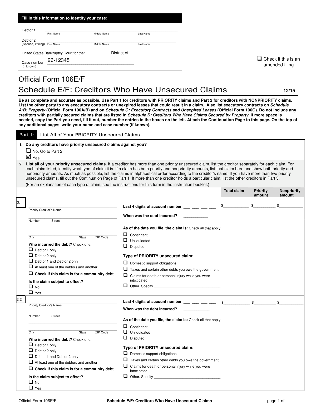 Sample filled Official Form 106E/F, Schedule E/F showing unsecured priority and nonpriority claims for an individual bankruptcy case.