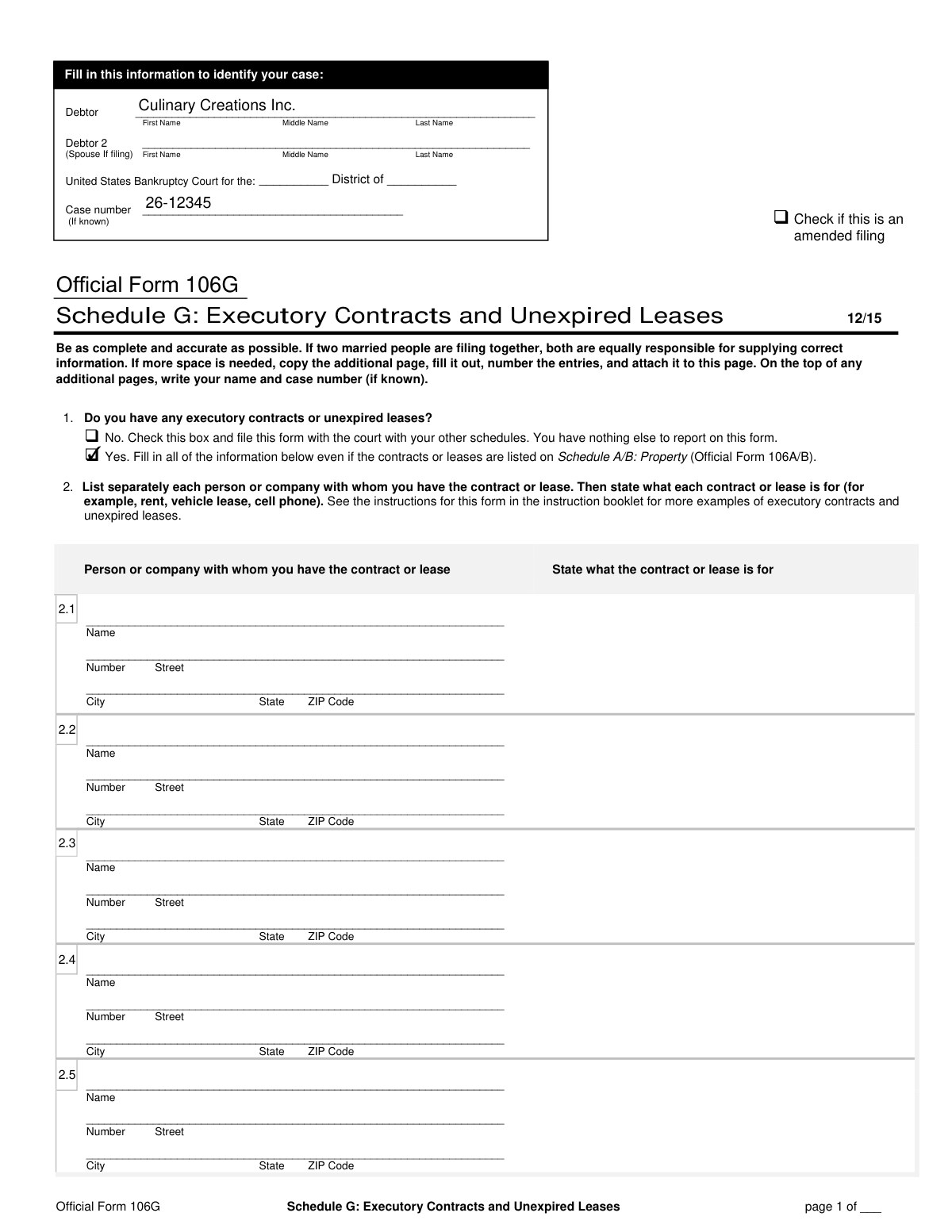 Completed Official Form 106G, Schedule G, for a small business listing its executory contracts and unexpired leases.