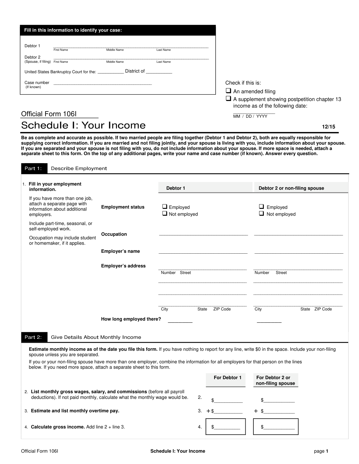 Completed Official Form 106I, Schedule I for a married couple filing for bankruptcy jointly.