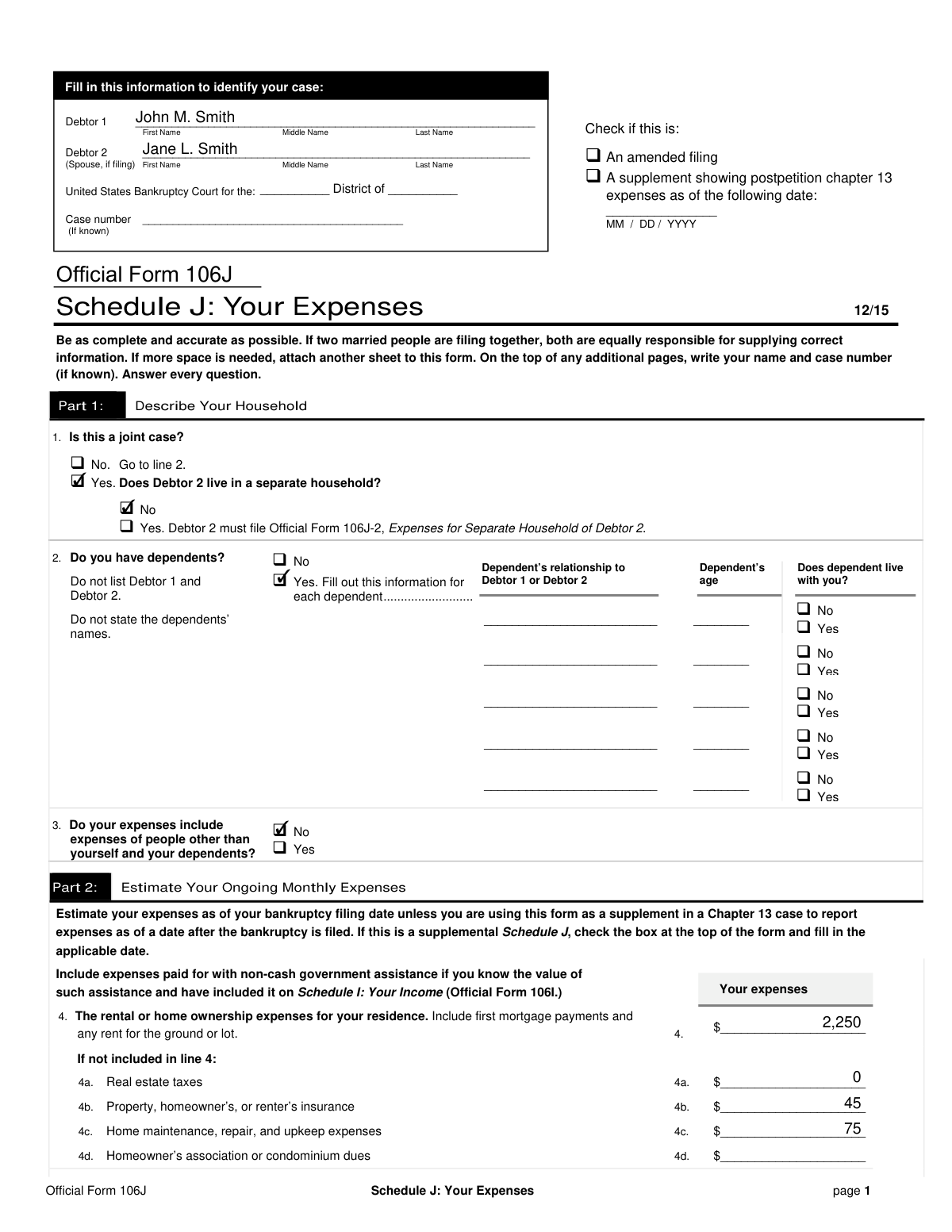 Completed sample of Official Form 106J, Schedule J: Your Expenses for a married couple filing a joint bankruptcy petition.