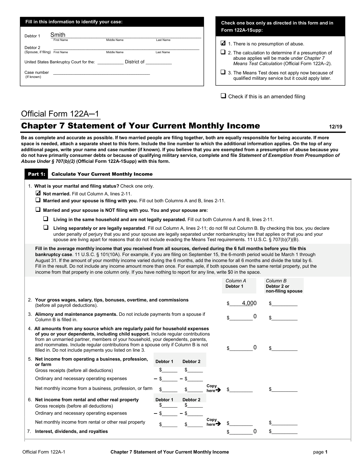 Completed Official Form 122A-1 for a single individual filing Chapter 7 with income below the state median.