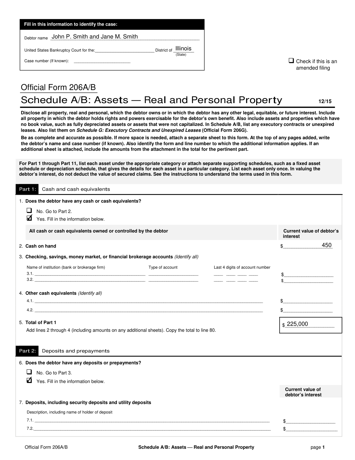 Completed Official Form 206A/B, Schedule A/B, showing a detailed list of assets for a joint bankruptcy filing.