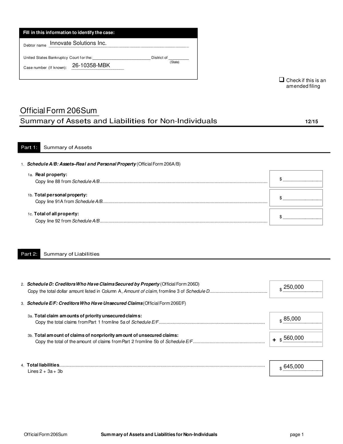 Completed Official Form 206Sum, Summary of Assets and Liabilities for a non-individual corporation.