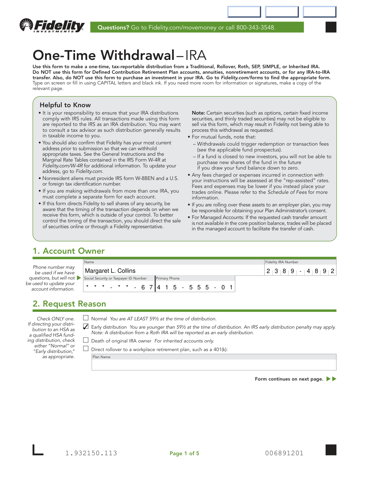 Completed Fidelity One-Time Withdrawal IRA form for an early distribution with federal and state tax withholding elected