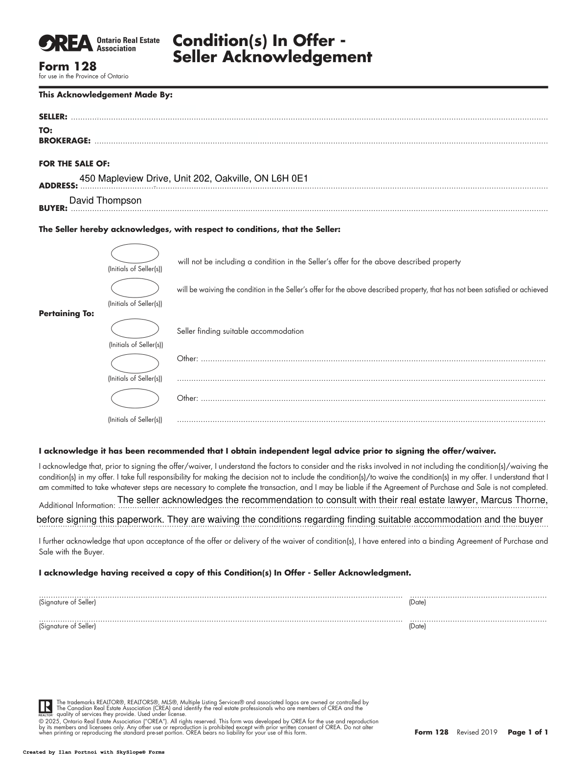 Completed OREA Form 128 Condition(s) In Offer - Seller Acknowledgement document