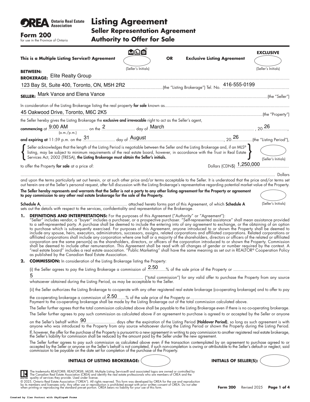 Completed OREA Form 200 document example with automated data extraction