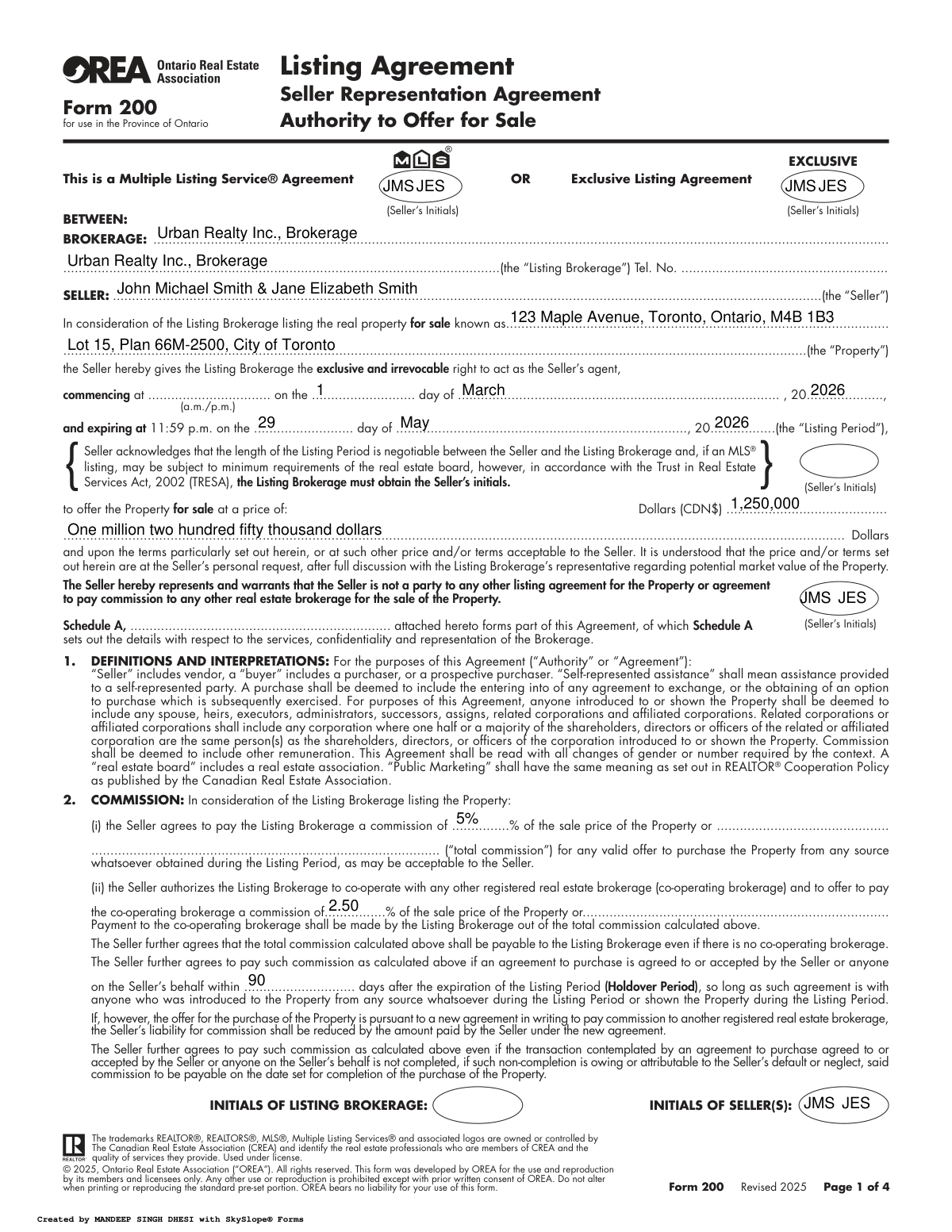 Completed OREA Form 200 (Revised 2025) — Listing Agreement for a residential property in Ontario.