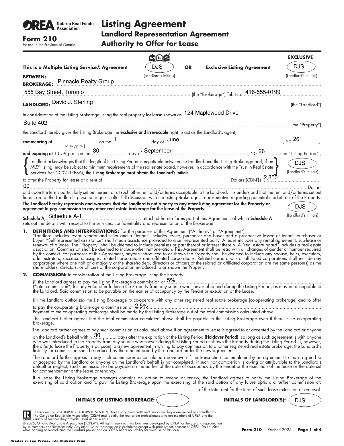 Completed OREA Form 210 Listing Agreement for residential lease