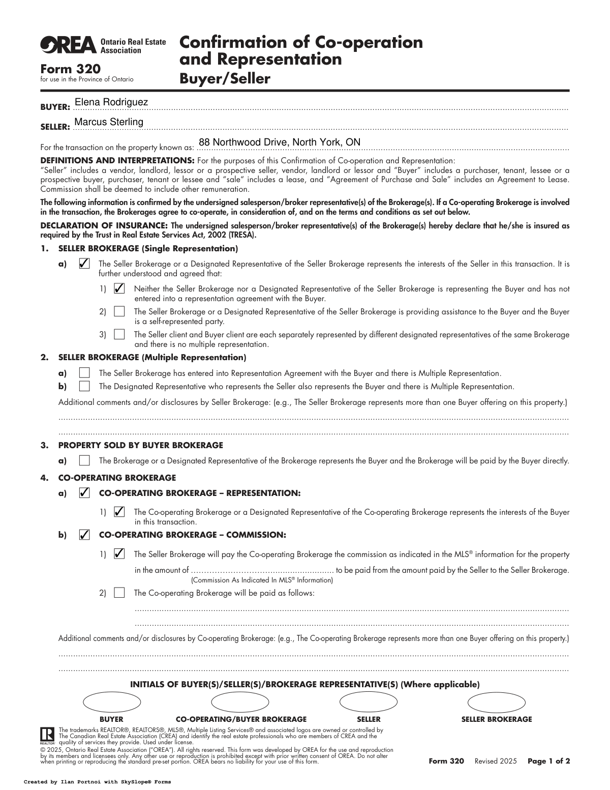 Completed OREA Form 320 for real estate transaction