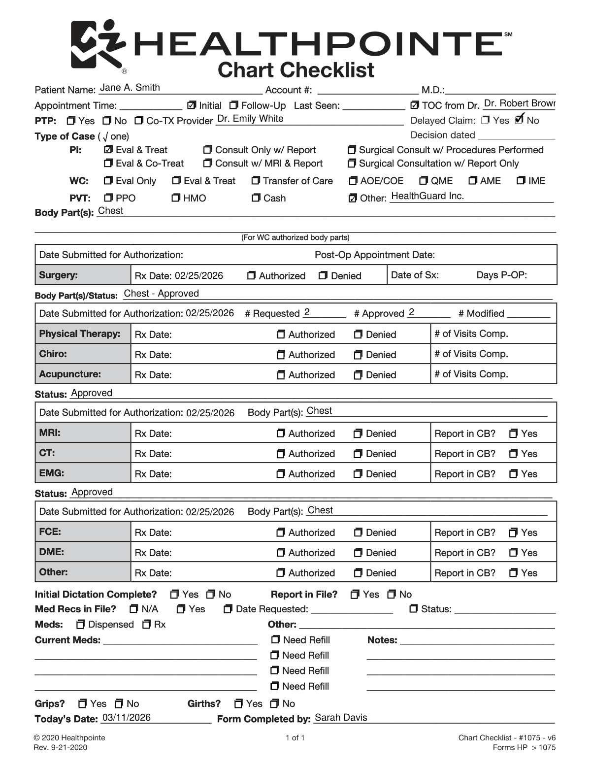 A completed sample of a Patient Encounter and Authorization Tracking Form for a specialist visit.