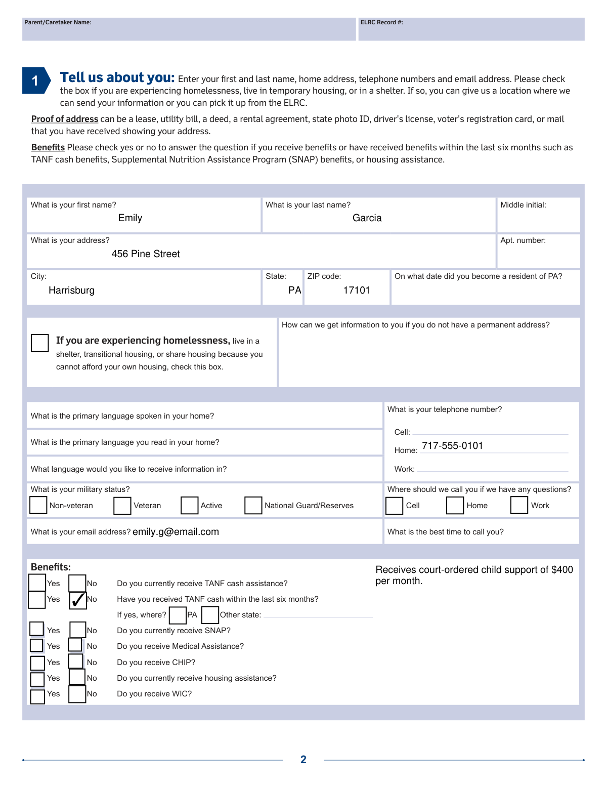 Completed Pennsylvania Application for Subsidized Child Care (CY 868) for a single mother with two children.