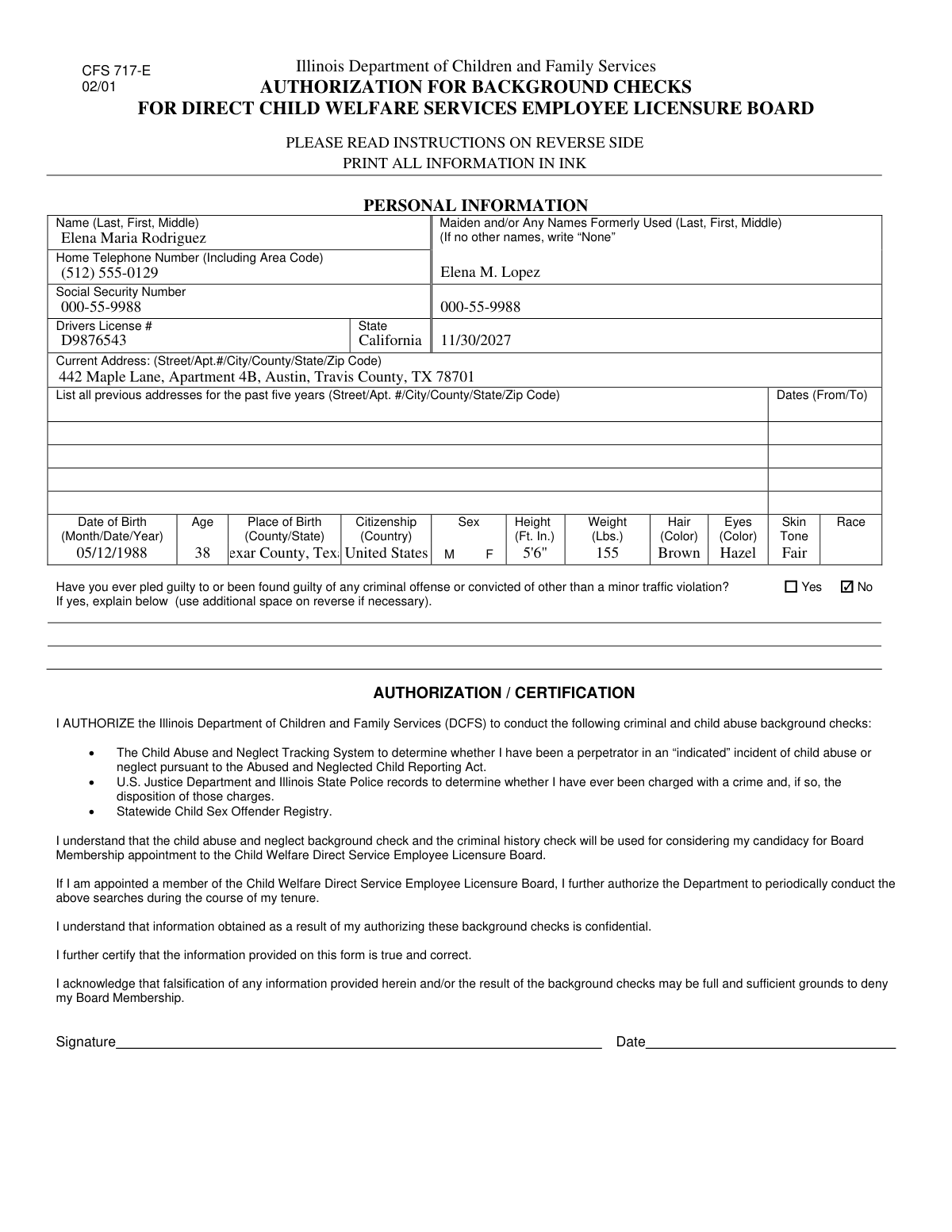 Completed Personal History Statement and Background Check Authorization form