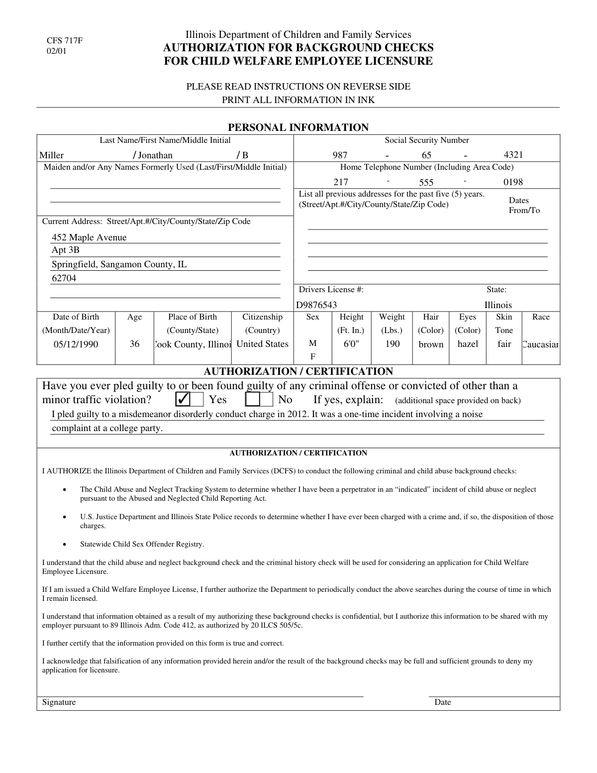 A completed Personal History Statement form showing extracted applicant details.