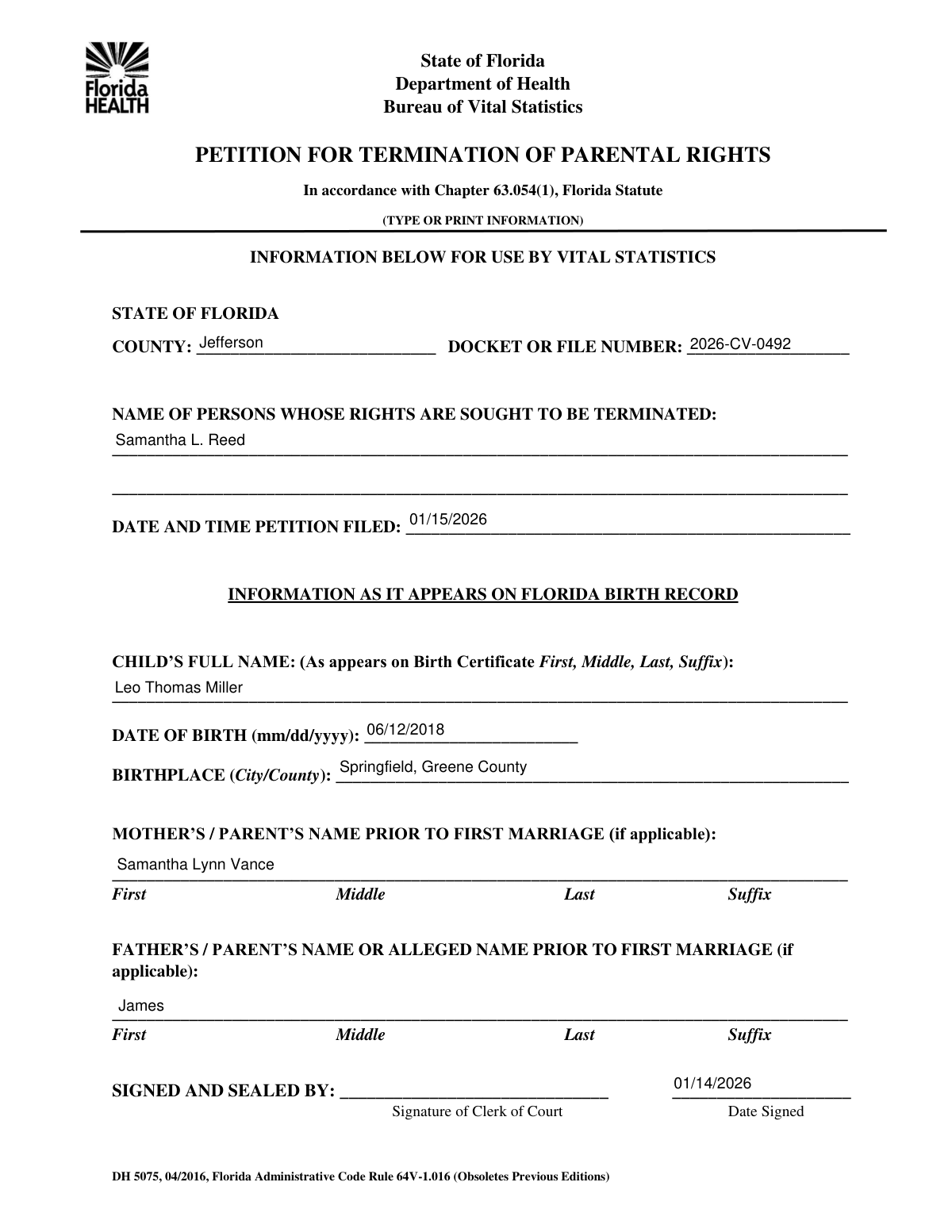 A screenshot showing the automated filling of a Petition for Termination of Parental Rights form from attorney case notes.