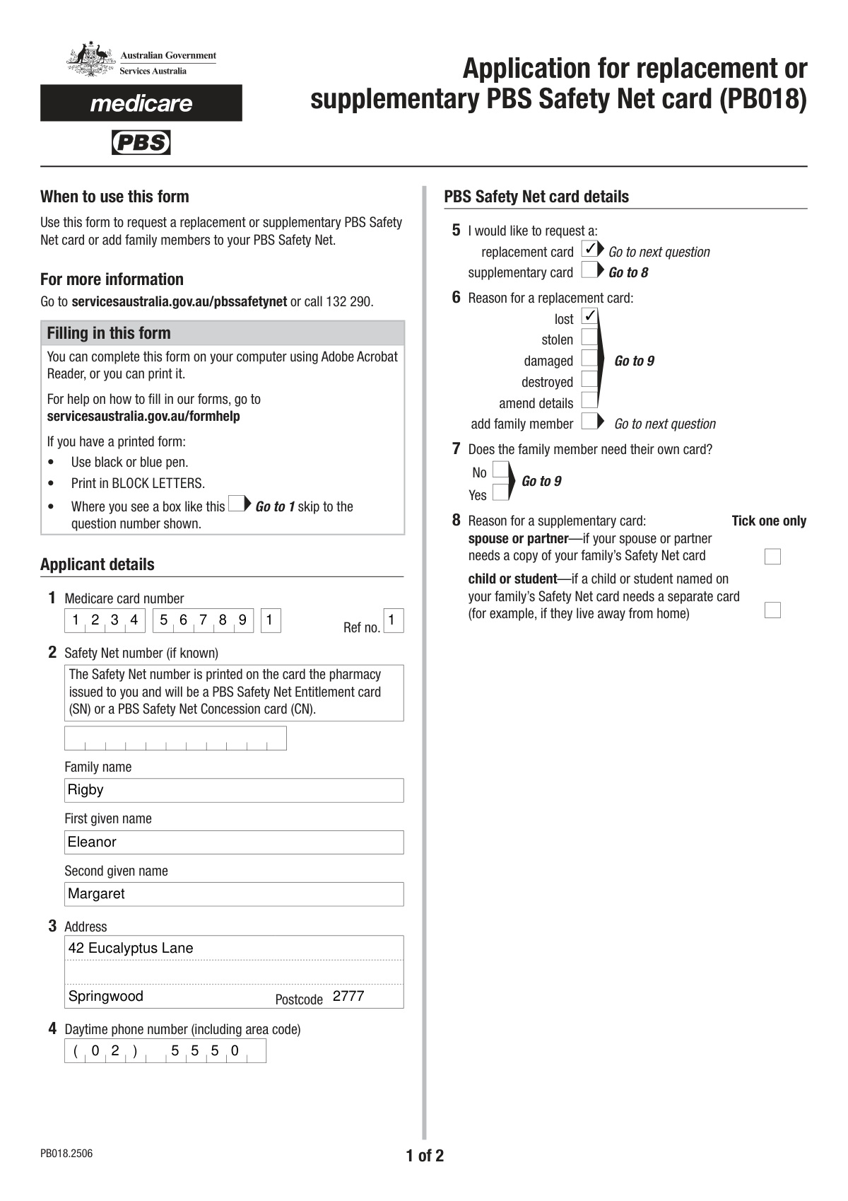 Completed Pharmaceutical Benefits Scheme (PBS) Safety Net application form