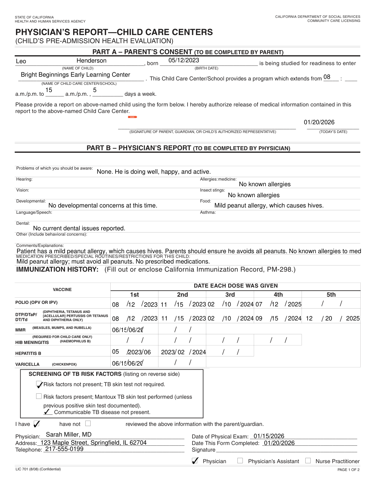 Example of a completed Physician's Report for Child Care form