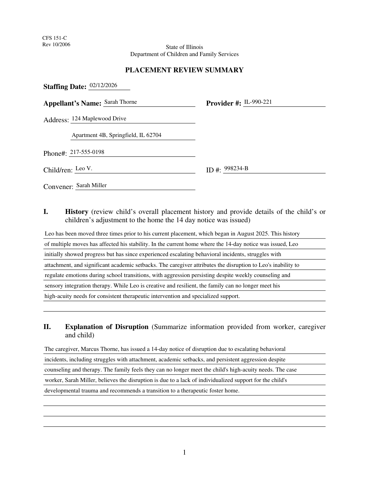 Completed Placement Review Staffing Report form generated by AI from clinical notes