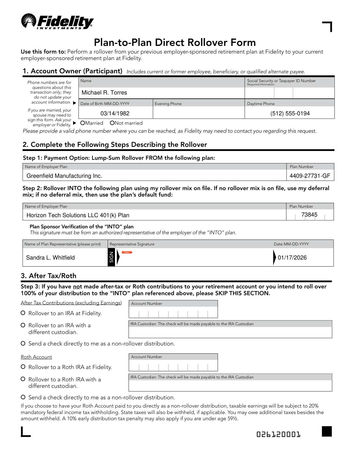 Completed Plan-to-Plan Direct Rollover Form for Fidelity NetBenefits showing a 401(k) rollover from a former employer's plan to a current employer's Fidelity-administered plan