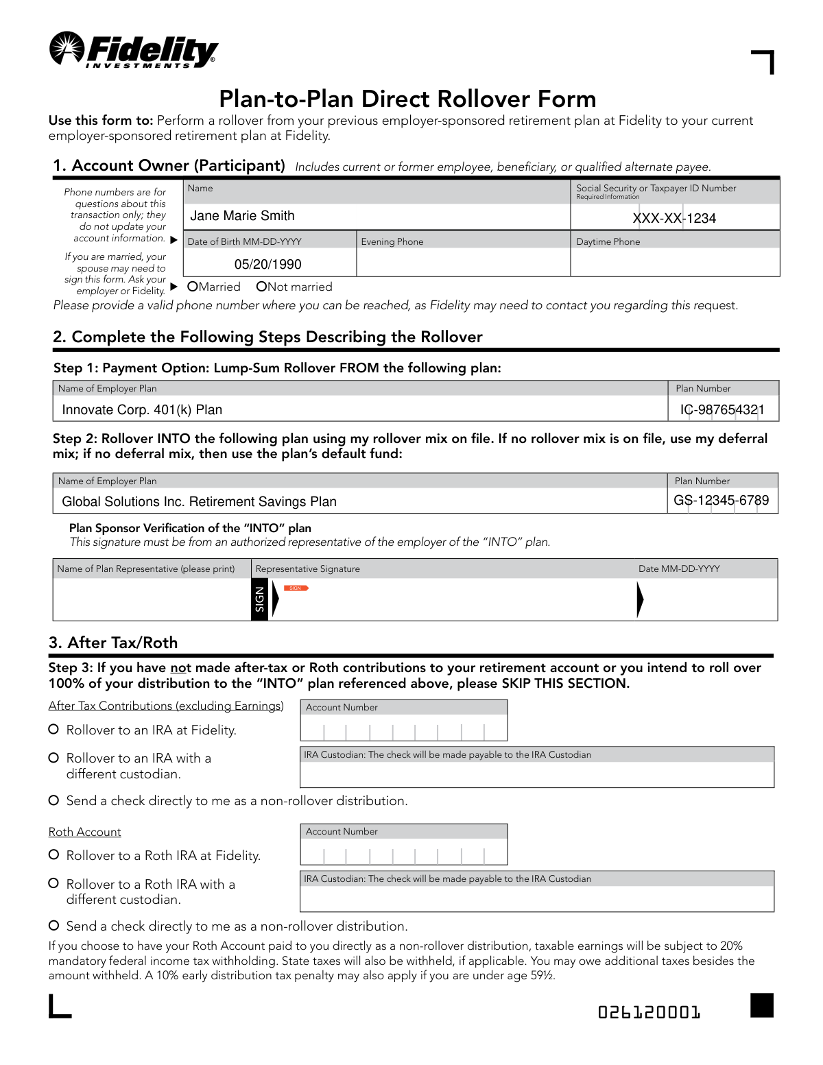 A filled-out Plan-to-Plan Direct Rollover Form sample showing a 401(k) transfer from a previous employer to a new one.