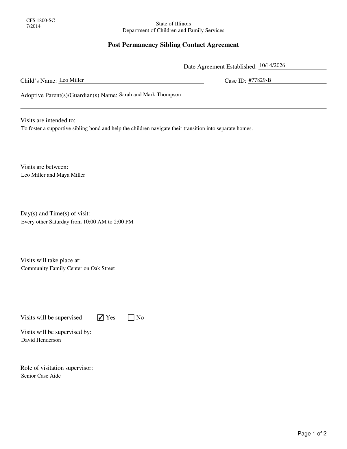 Completed Post Permanency Sibling Contact Agreement form showing extracted child and sibling visit details.