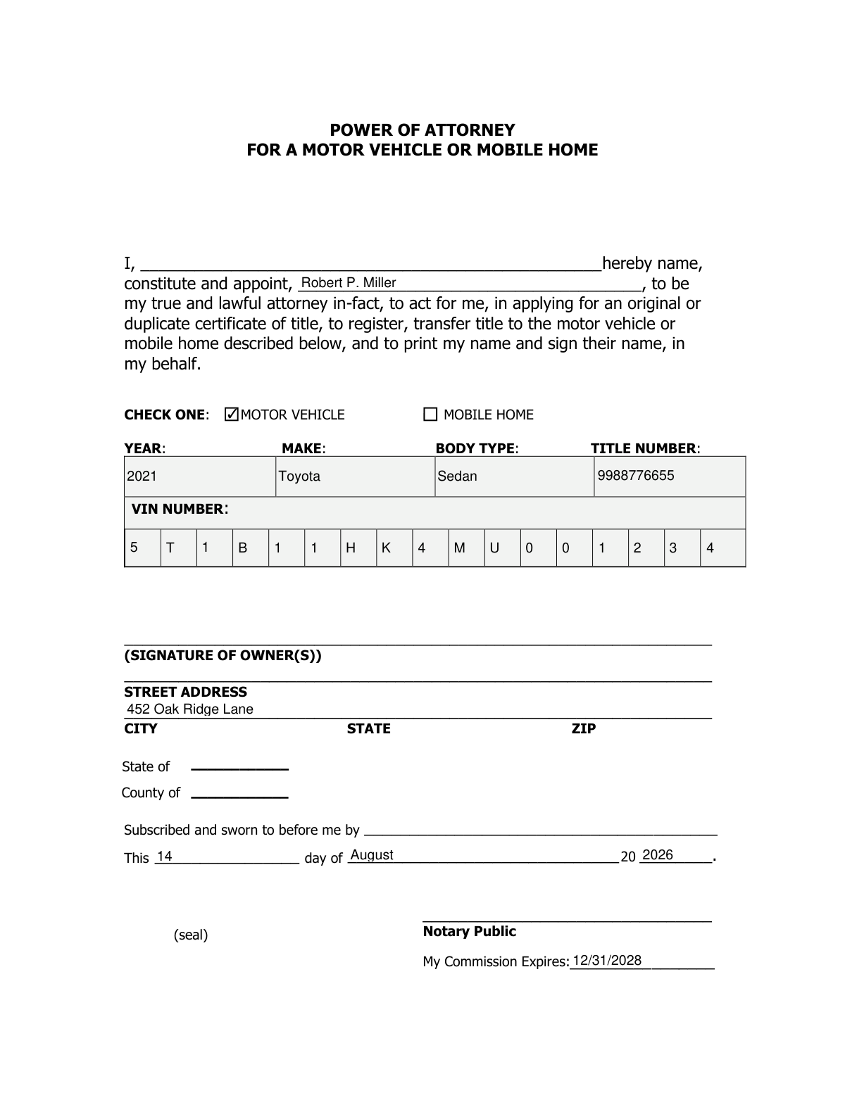 A completed Power of Attorney for a Motor Vehicle form showing extracted field data.