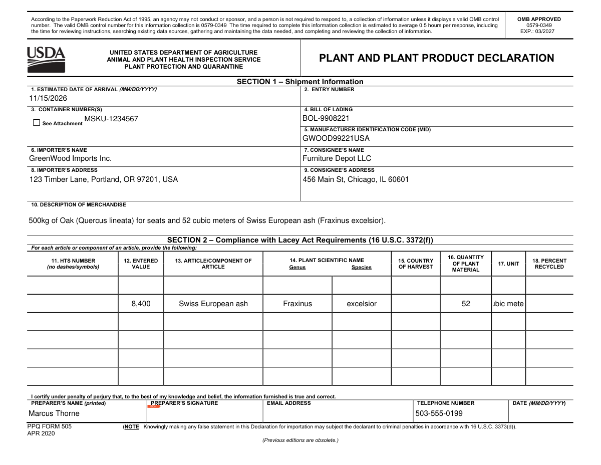 Completed PPQ Form 505 document showing plant import declaration data.