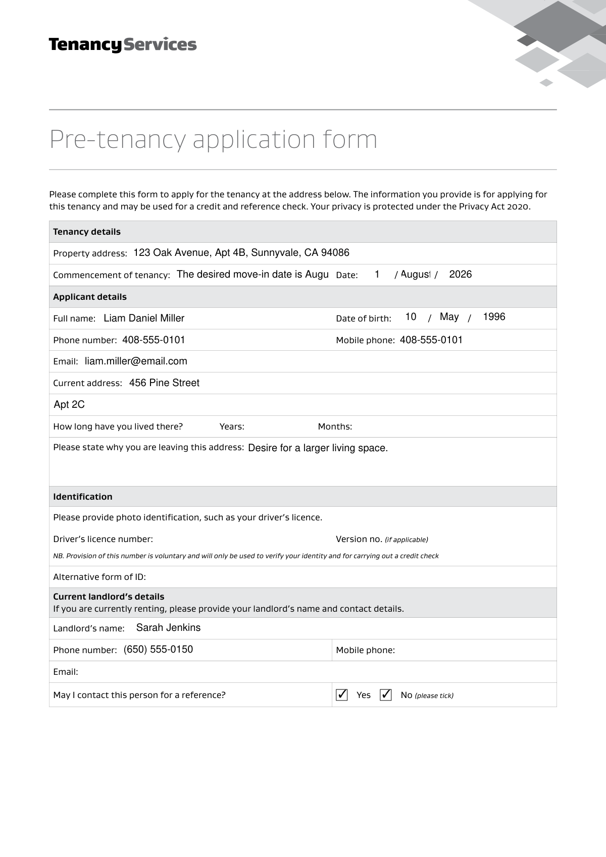 Completed sample Pre-tenancy Application Form for a couple applying to rent an apartment.