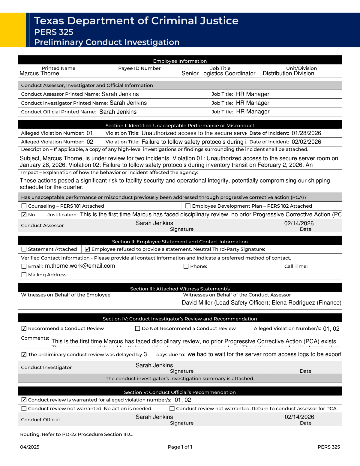 A filled out Preliminary Conduct Review Form for employee conduct documentation.