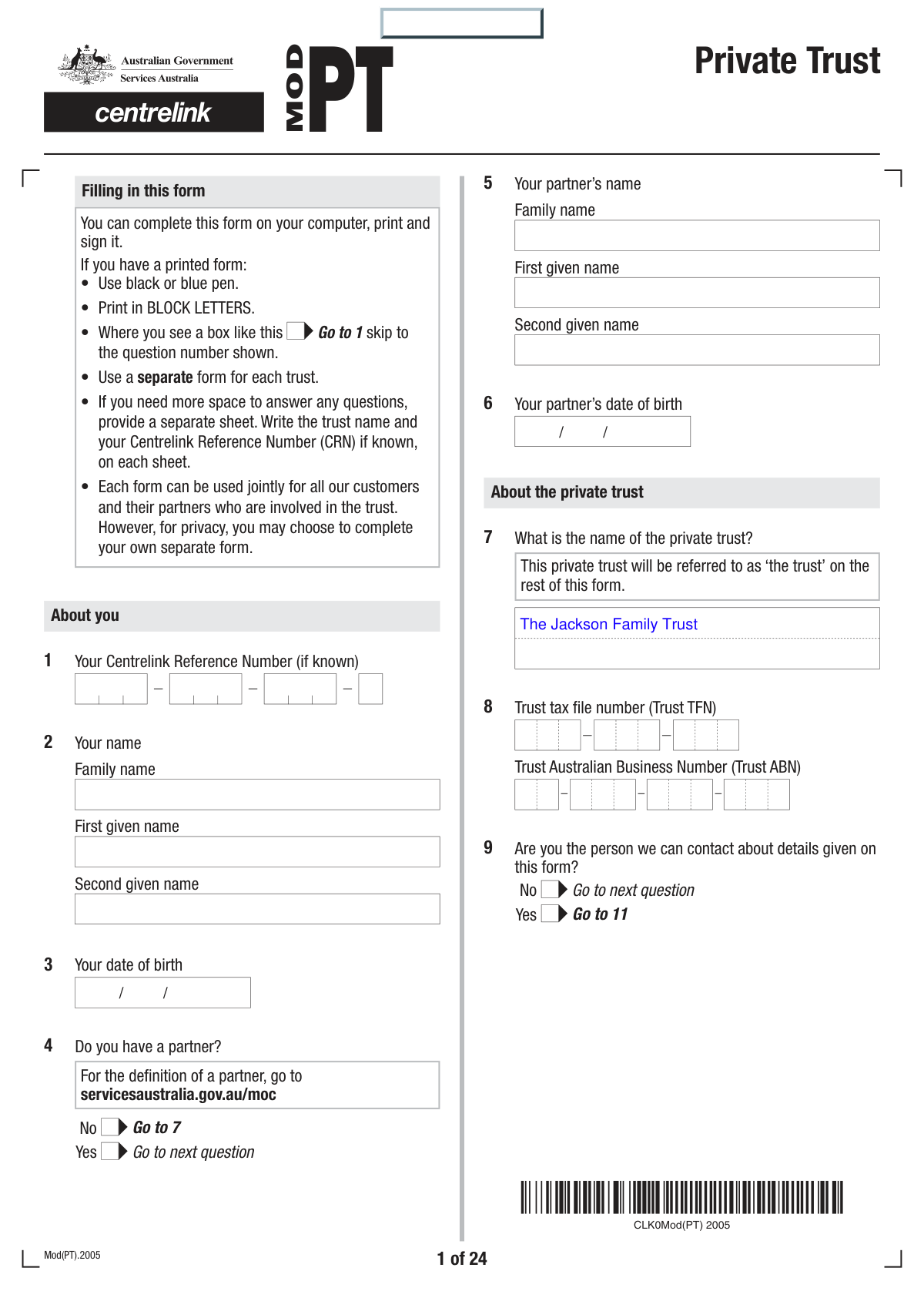 A sample filled-out Private Trust (Mod(PT).2005) form creating a family trust for estate planning.
