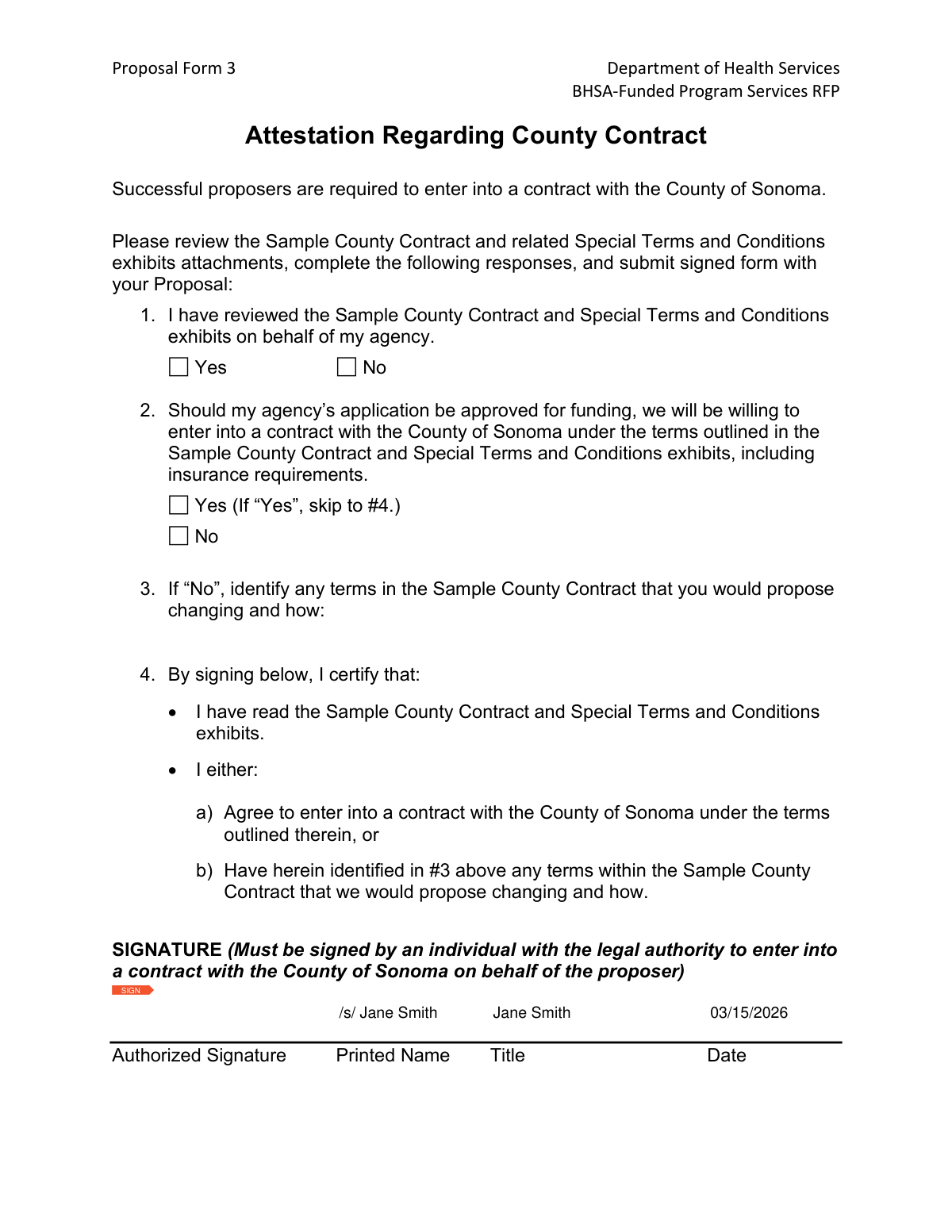 A sample filled Proposal Form 3, Attestation Regarding County Contract for a construction services bid.