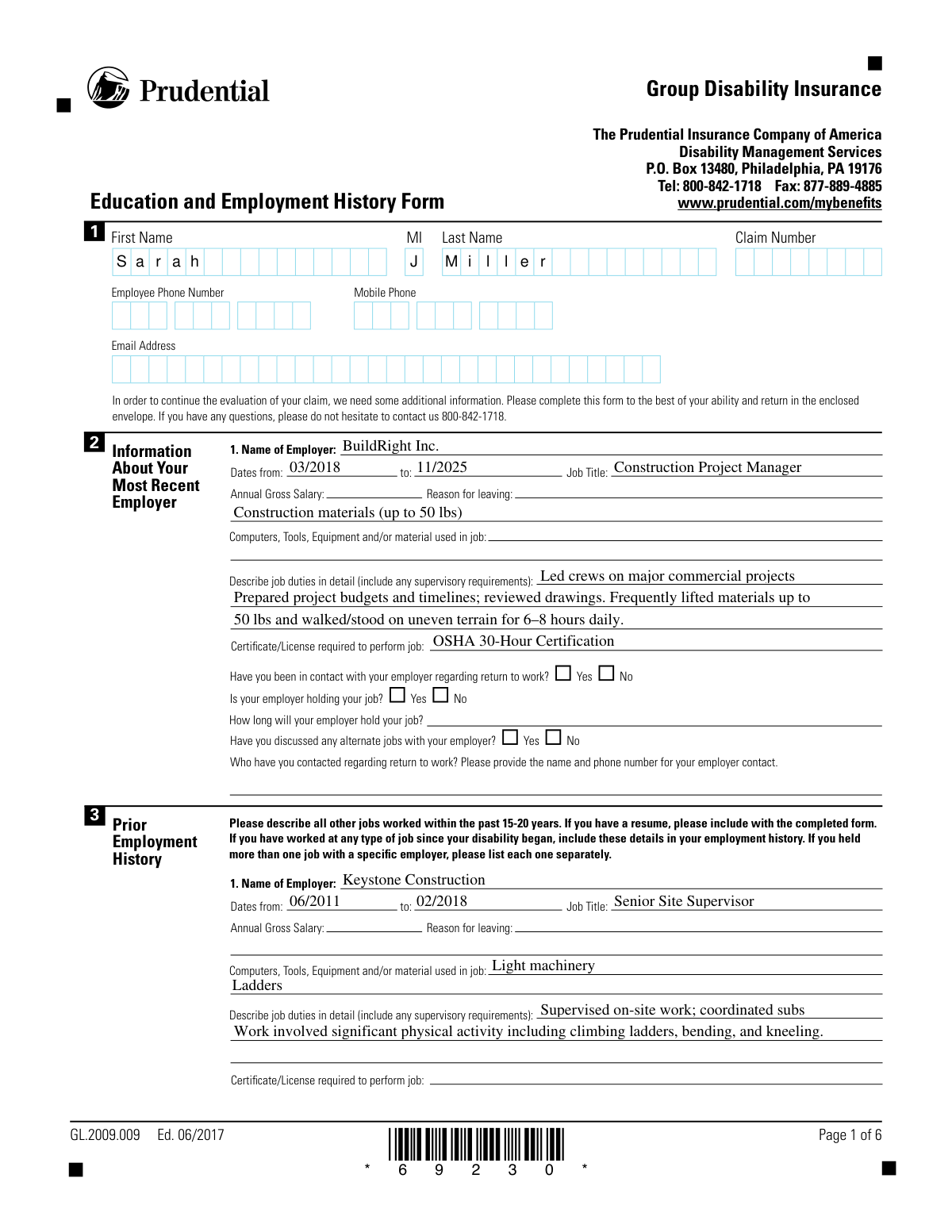 Sample of a filled Prudential Group Disability Insurance – Education and Employment History Form (GL.2009.009, Ed. 06/2017)