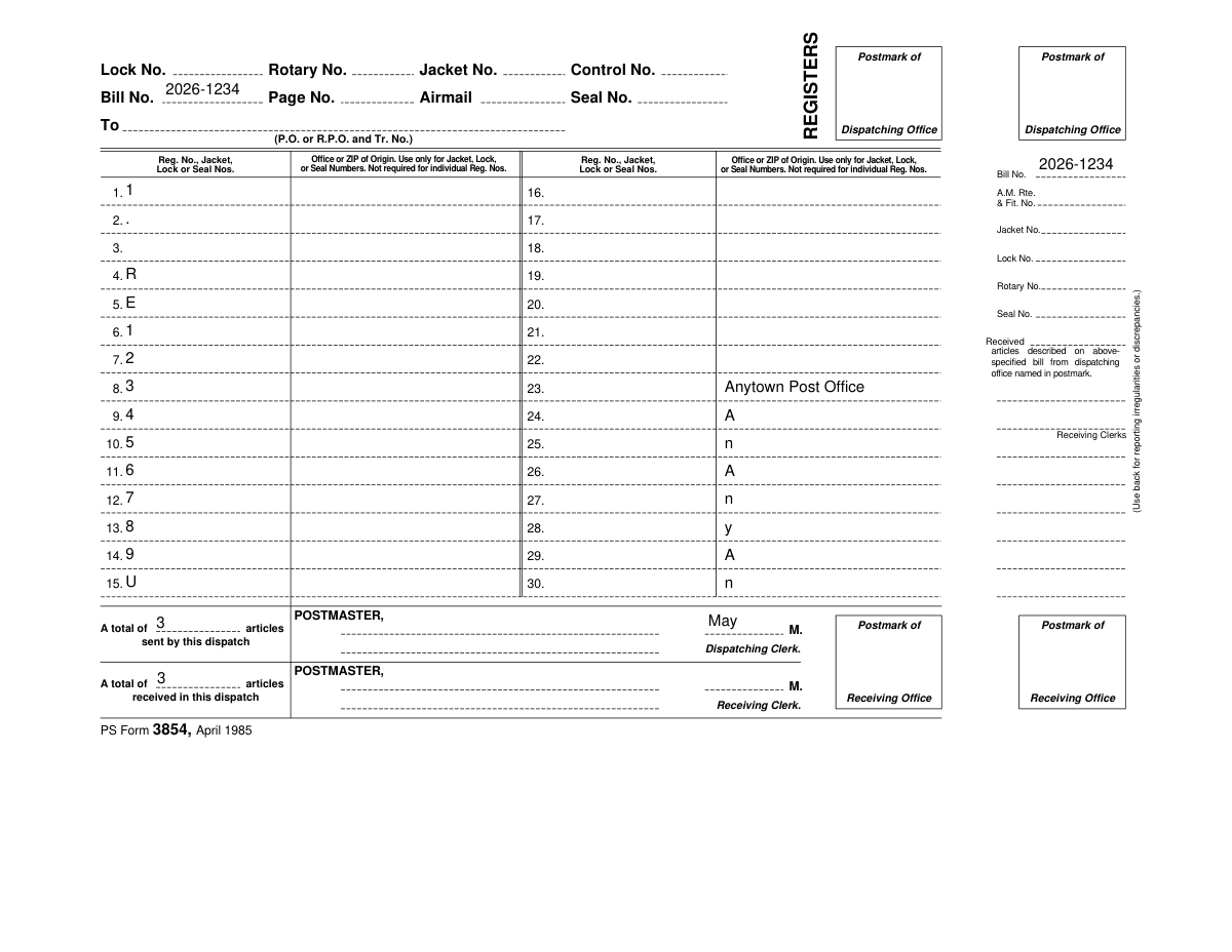 Completed sample of PS Form 3854, Registers, showing a dispatch record of registered mail from a local post office.