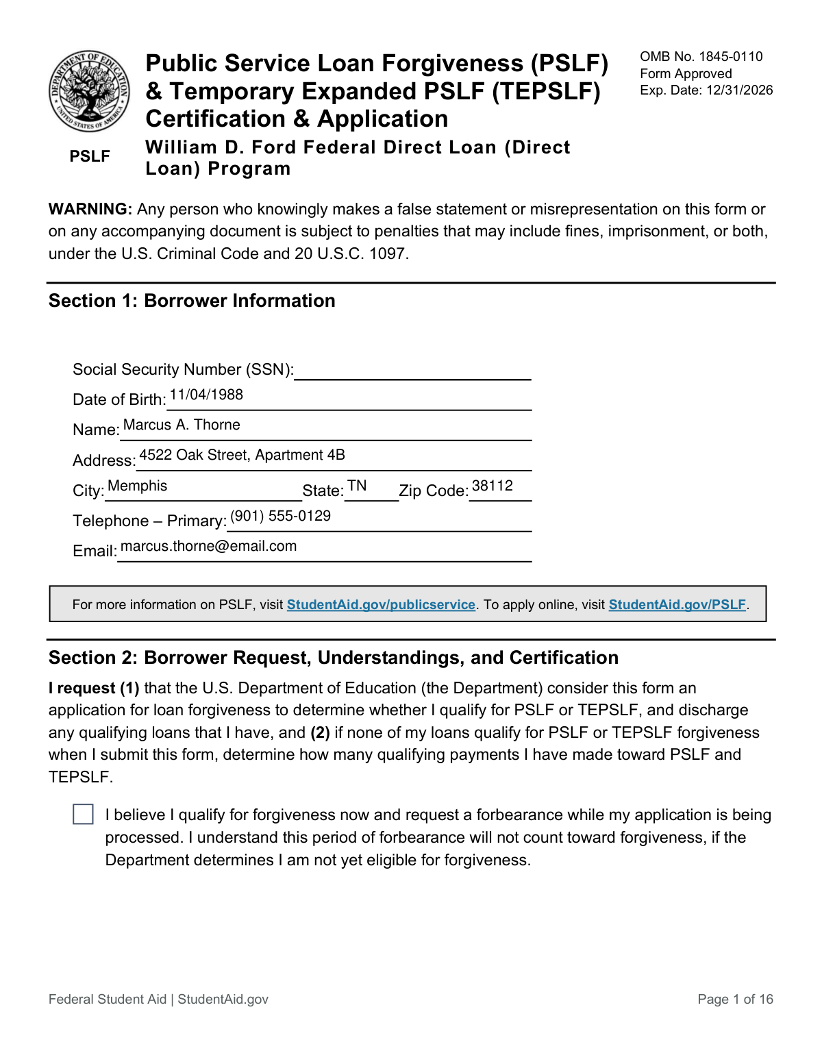 Completed Public Service Loan Forgiveness form based on HR employment email