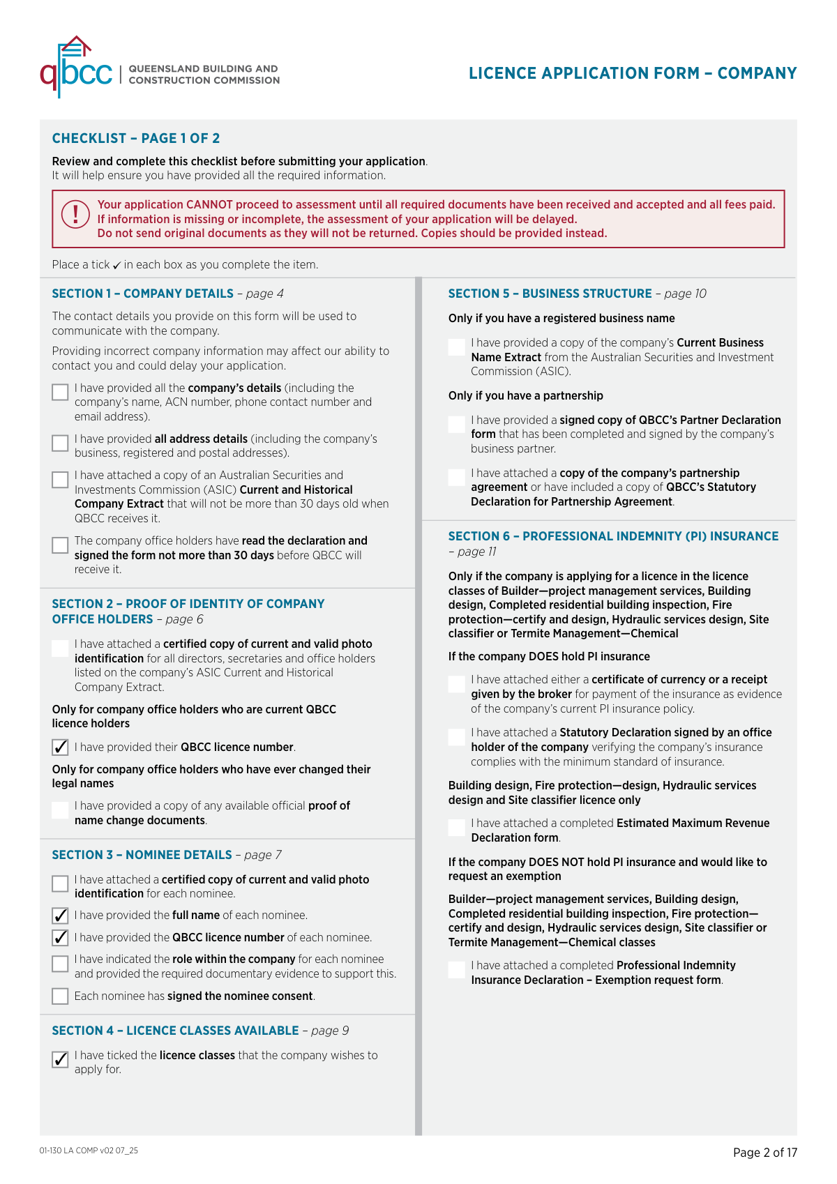 Sample QBCC Licence Application Form – Company filled out for a new construction business applying for a 'Builder - Low Rise' licence.