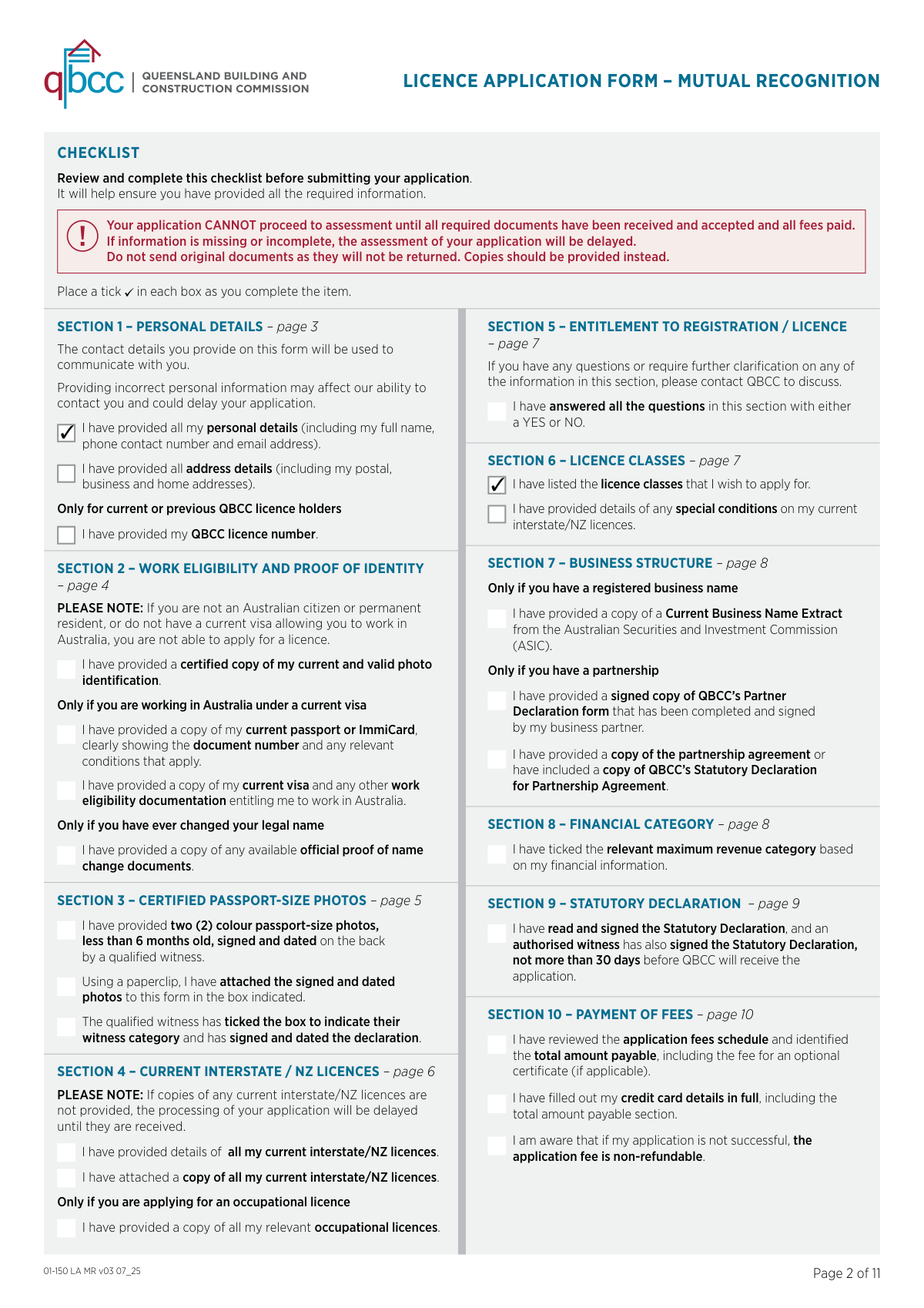 Completed QBCC Licence Application Form for Mutual Recognition by a carpenter from New South Wales.