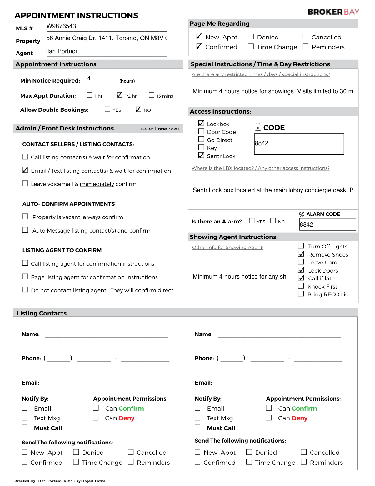 Completed Real Estate Appointment and Offer Instructions form for a Toronto condo listing.
