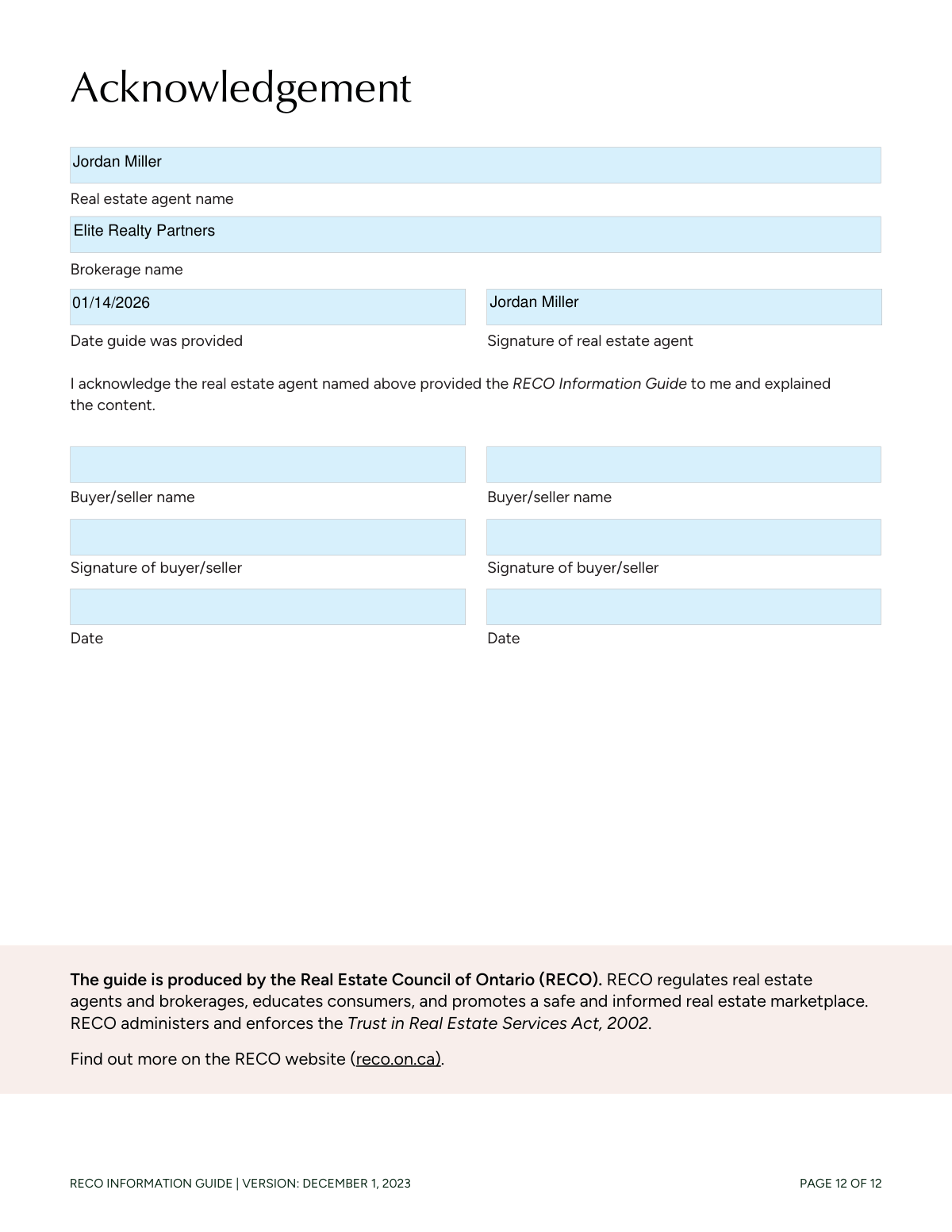 Completed RECO Information Guide: Working with a real estate agent document