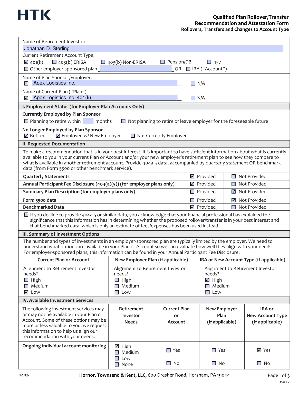 Example of a completed Recommendation and Attestation Form for Rollovers