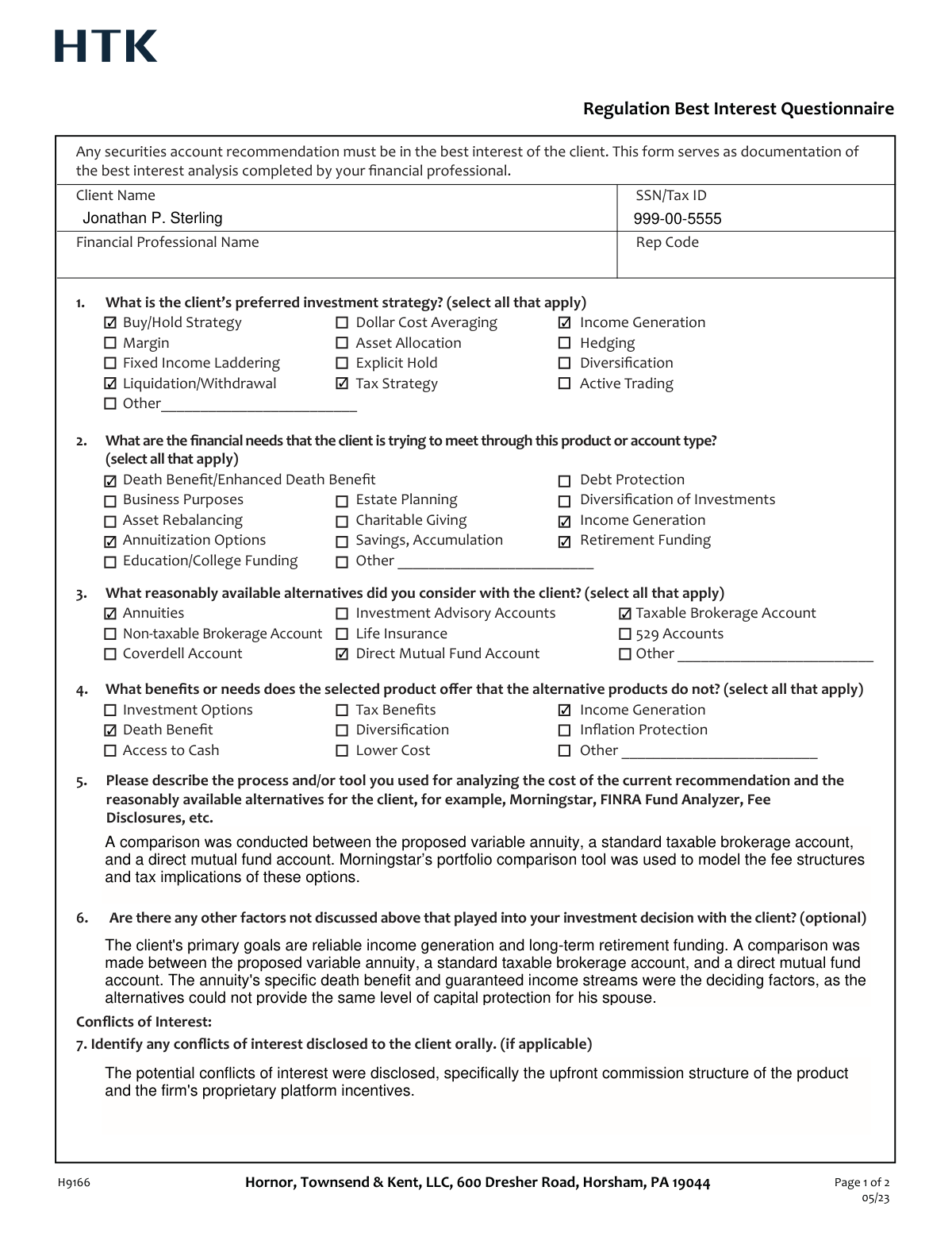 Completed Regulation Best Interest Questionnaire for a financial advisory client account.