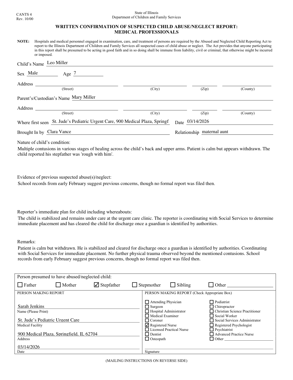 Filled Report of Suspected Child Abuse/Neglect form based on clinical intake notes