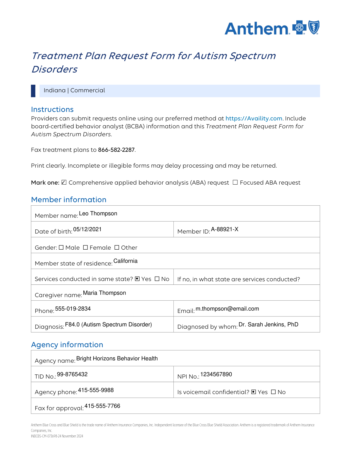 Completed Request for Authorization for Applied Behavior Analysis (ABA) Services form showing extracted medical and provider data.