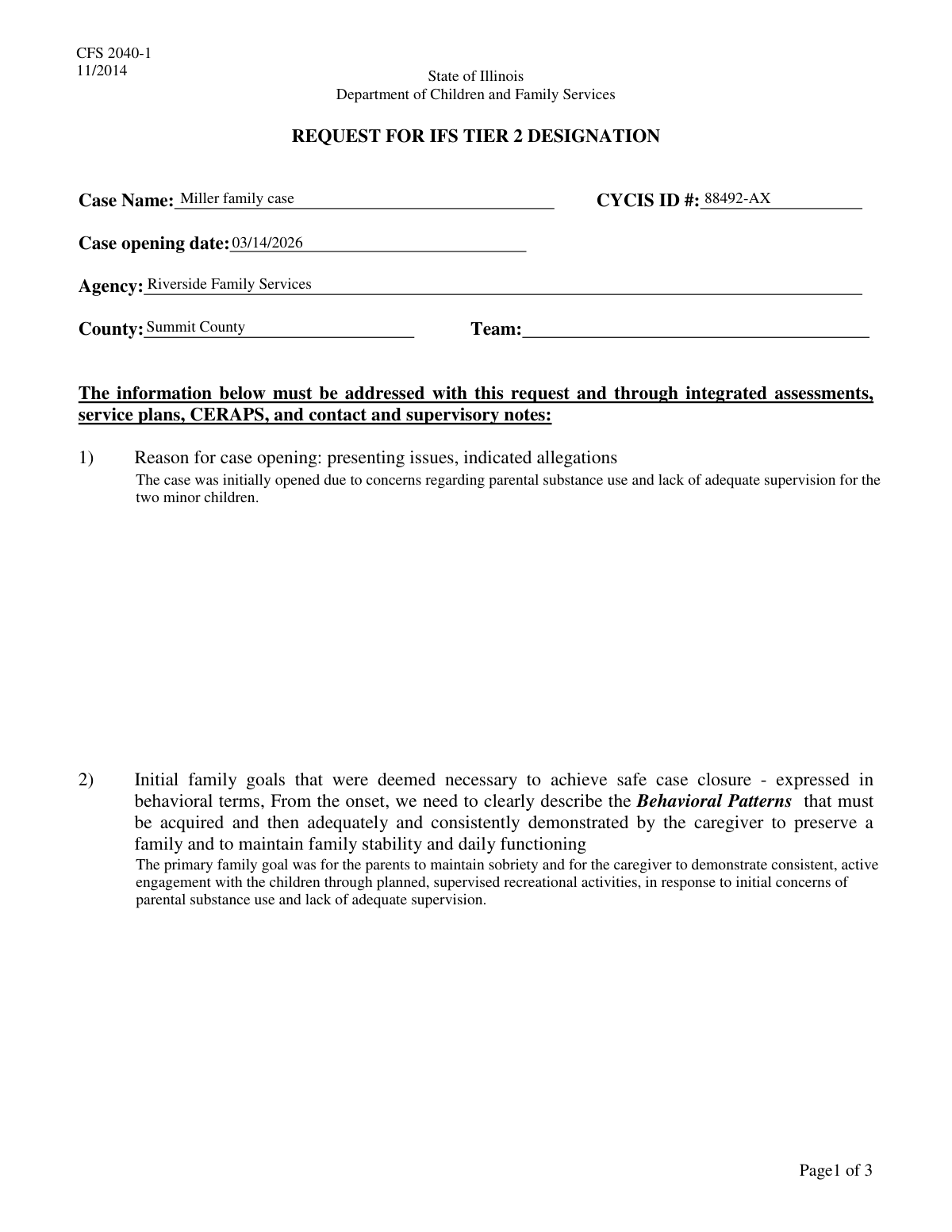 Completed Request for Extension to Keep Case Open form example