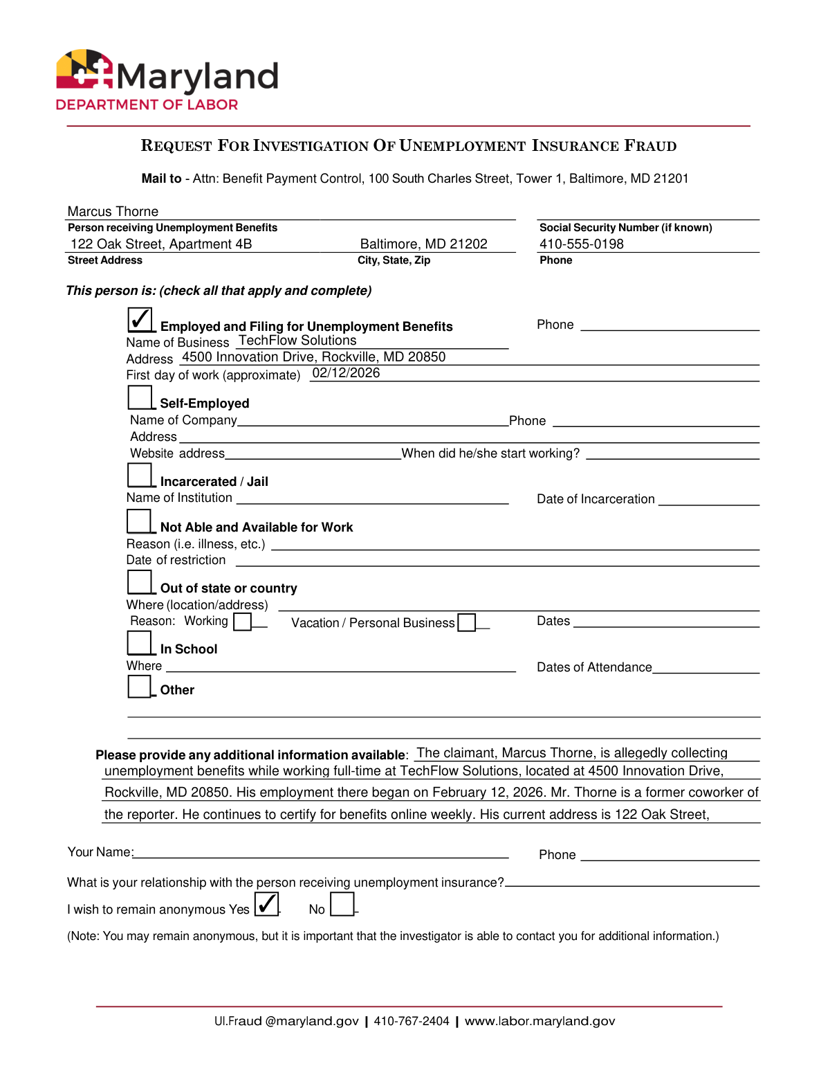 A completed Maryland Request for Investigation of Unemployment Insurance Fraud form showing extracted claimant details.