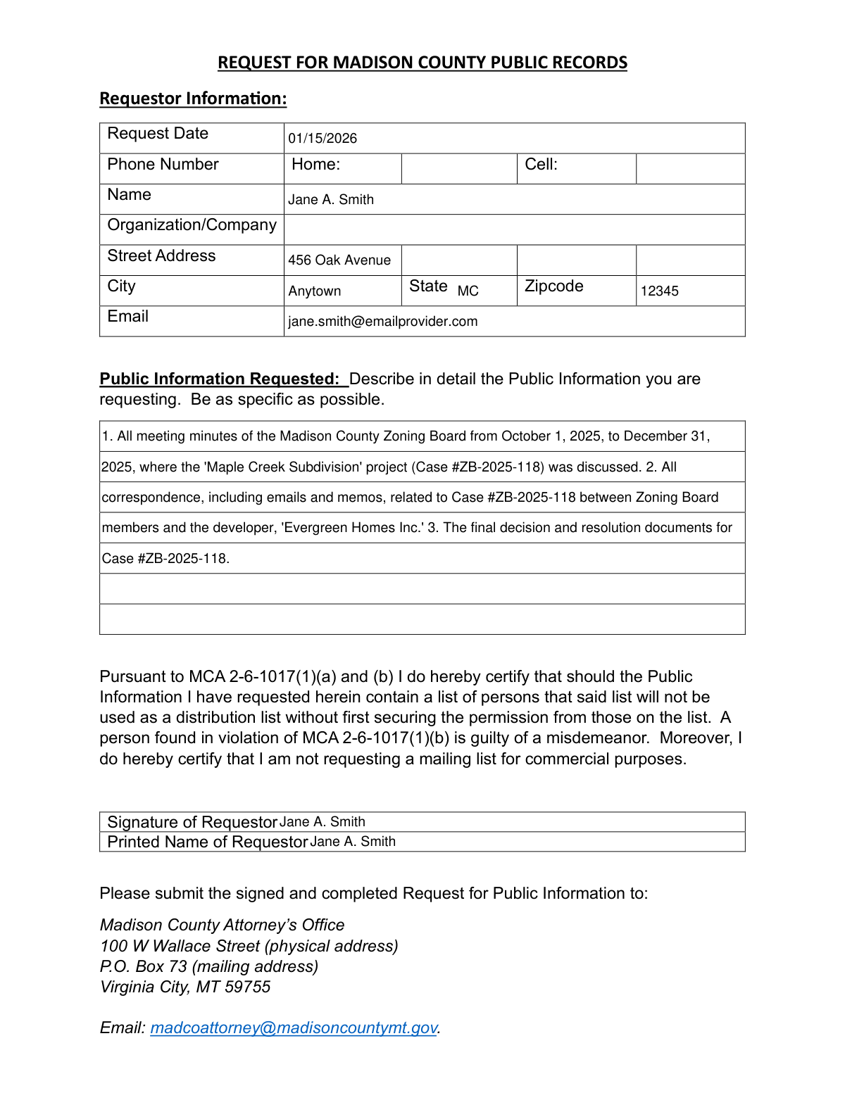 Completed Request for Madison County Public Records form sample, seeking zoning board documents.